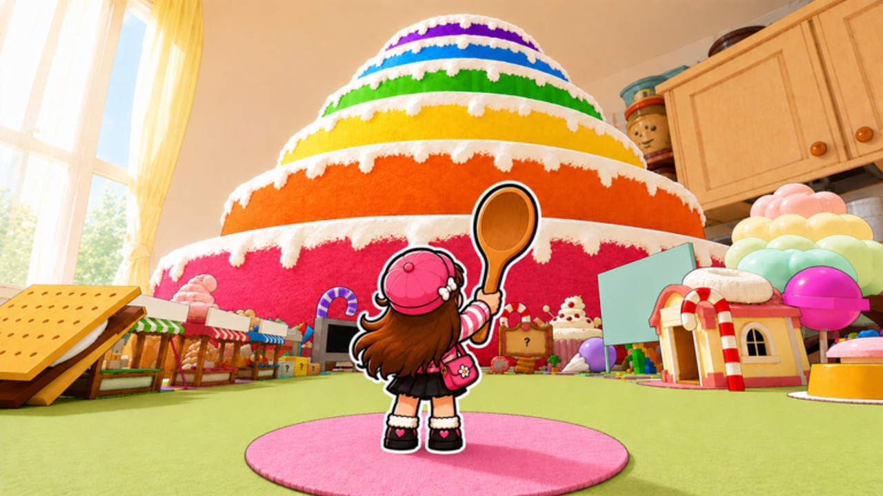 Full Cake Mountain kitchen with the rainbow layered cake, candy shops, and the starting spoon